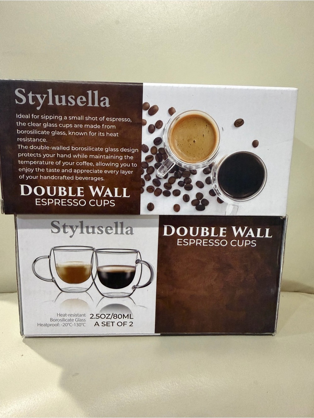 New in Box STYLUS Double Wall Espresso Cups Set - Clear Glass Set of 4 Glasses - Picture 6 of 6